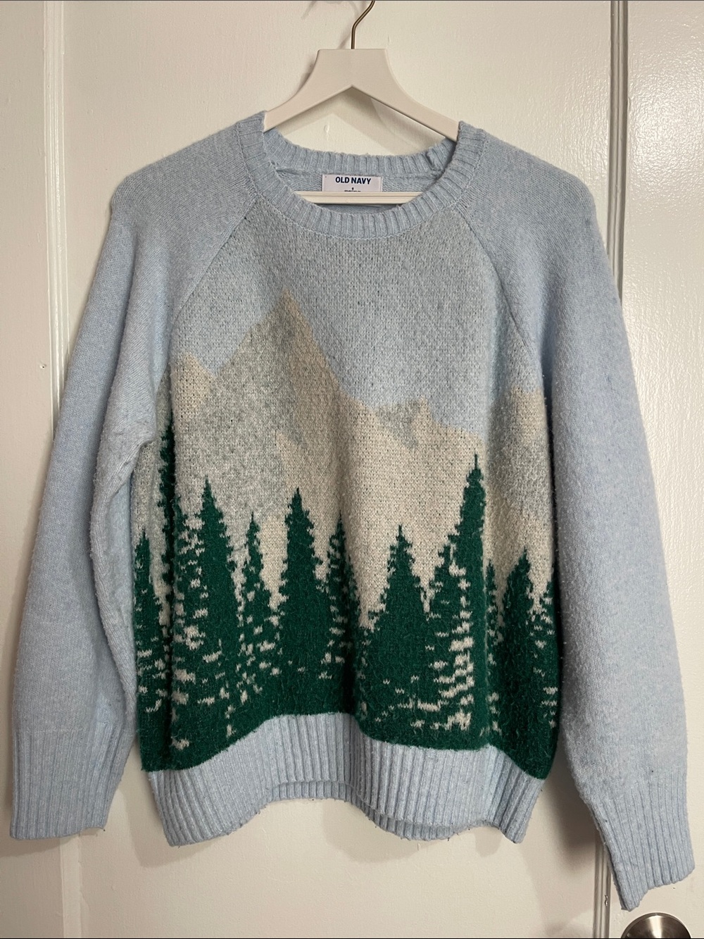 Old Navy Light Blue Crewneck Sweater with Green Forest Motif